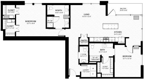 Floor plan for 2 beds, 2.5 baths, 1516 sqft